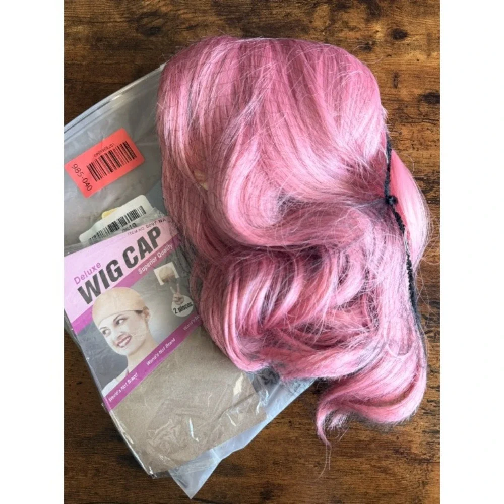 LANCAINI Pink Short Bob Wig with Bangs Wavy Curly Synthetic Cosplay Wig